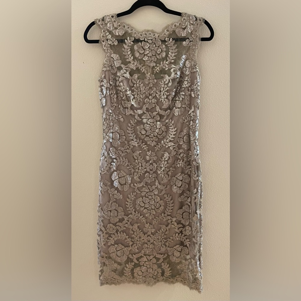 Tadashi Shoji Paillette embroidered lace sheath dress